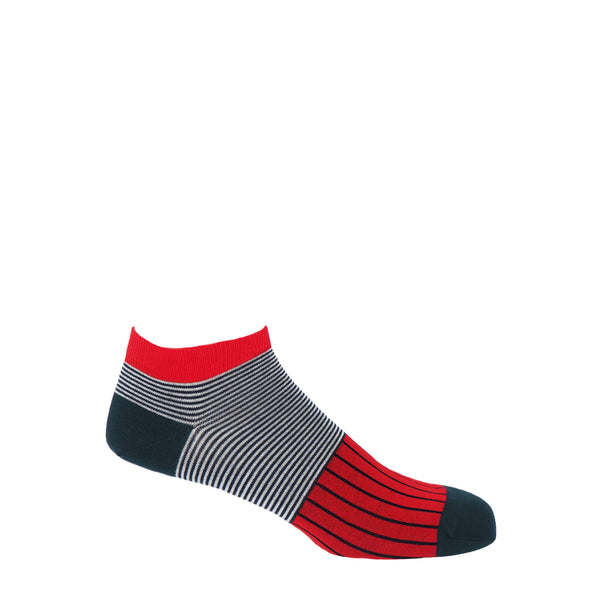 Peper Harow Scarlet oxford stripe egyptian cotton men's luxury trainer socks with navy heel, toe and horizontal stripes around the ankle contrasting with white stripes and blue vertical stripes down the foot