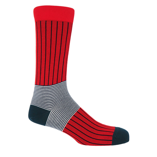 Peper Harow Scarlet oxford stripe egyptian cotton luxury socks for men featuring coal black stripes