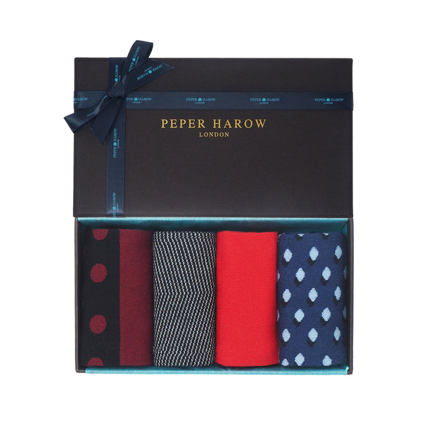 Peper Harow Sophisticated Men's gift box containing the burgundy mayfair, onyx chevron cinnabar red square mile and navy disruption supima and mercerised egyptian cotton socks