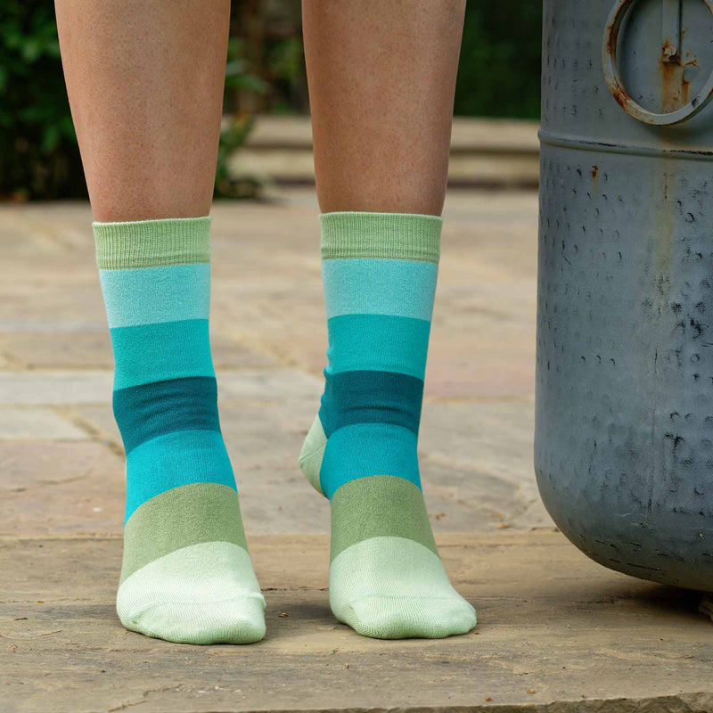 Women wearing Peper Harow earth Block Stripe women's luxury socks