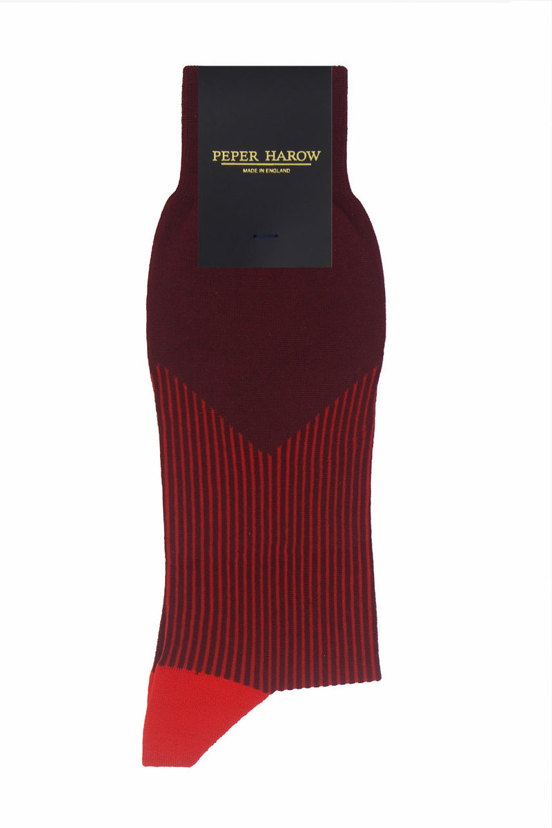 Peper Harow burgundy V-Stripe men's luxury socks in packaging