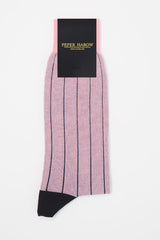 Peper Harow Pin Pin stripe men's luxury socks in packaging showing black heel and purple stripes