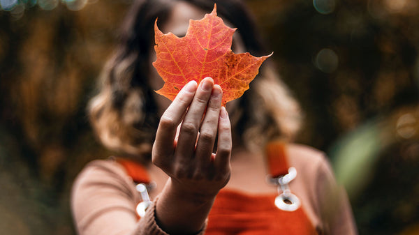 Woman holding Autumn maple leaf up