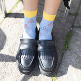 women woman socks sock wearing autumn winter peper harow luxury suit smart casual style look blue yellow 
