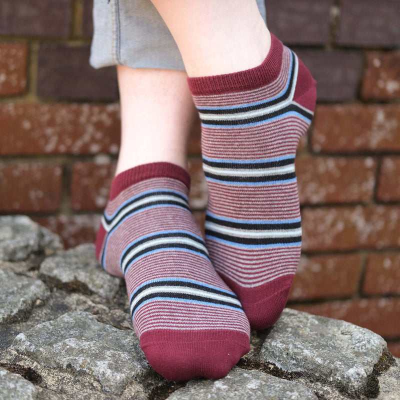 Man wearing Peper Harow burgundy Multistripe men's luxury trainer socks on a rock