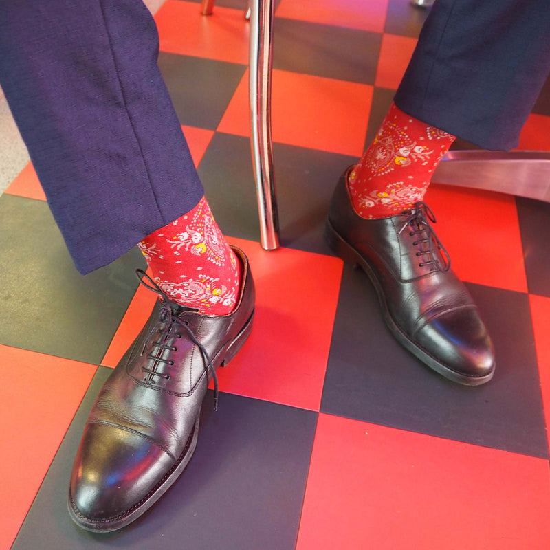 men man socks sock wearing autumn winter peper harow luxury suit smart casual style look red ayame floral flowers