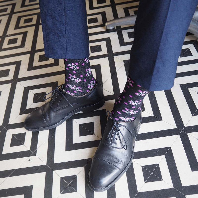 men man socks sock wearing autumn winter peper harow luxury suit smart casual style look black floral ayame