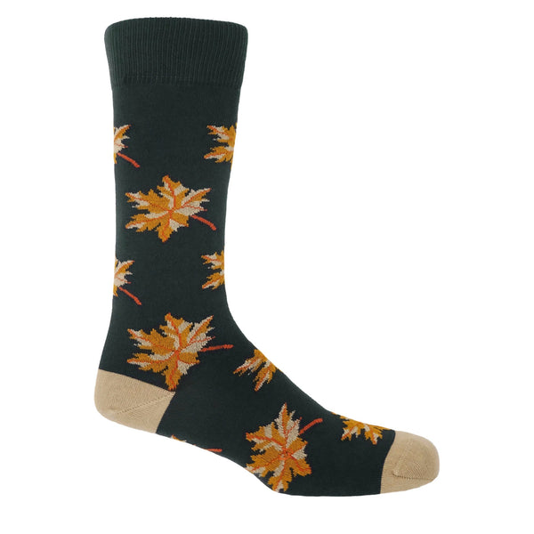 Gold, yellow and orange maples leaves on deep grey socks