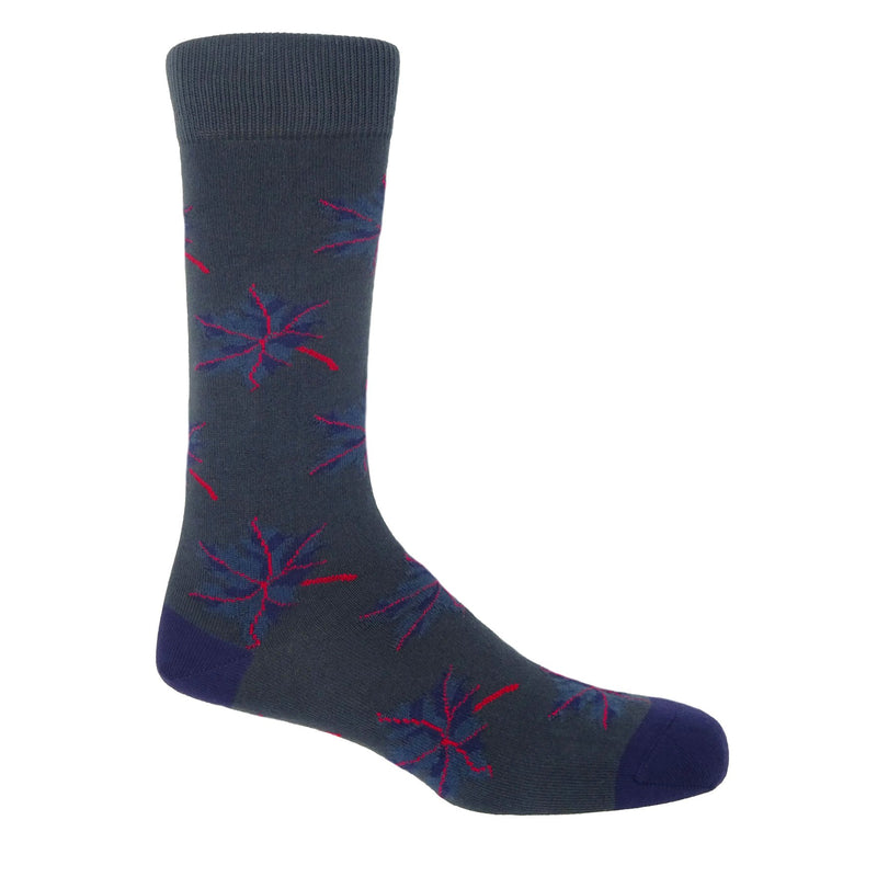 A navy, matte blue and red maple leaf on matte blue socks