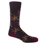 A maroon, green and yellow maple leaf on deep wine purple socks