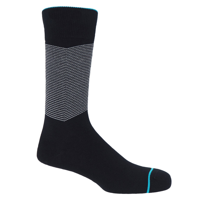 Onyx men's chevron socks, with a white V striped pattern down the calf, and a turquoise line circling the toes