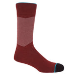 Garnet men's chevron socks, with a white V striped pattern down the calf, and a turquoise line circling the toes