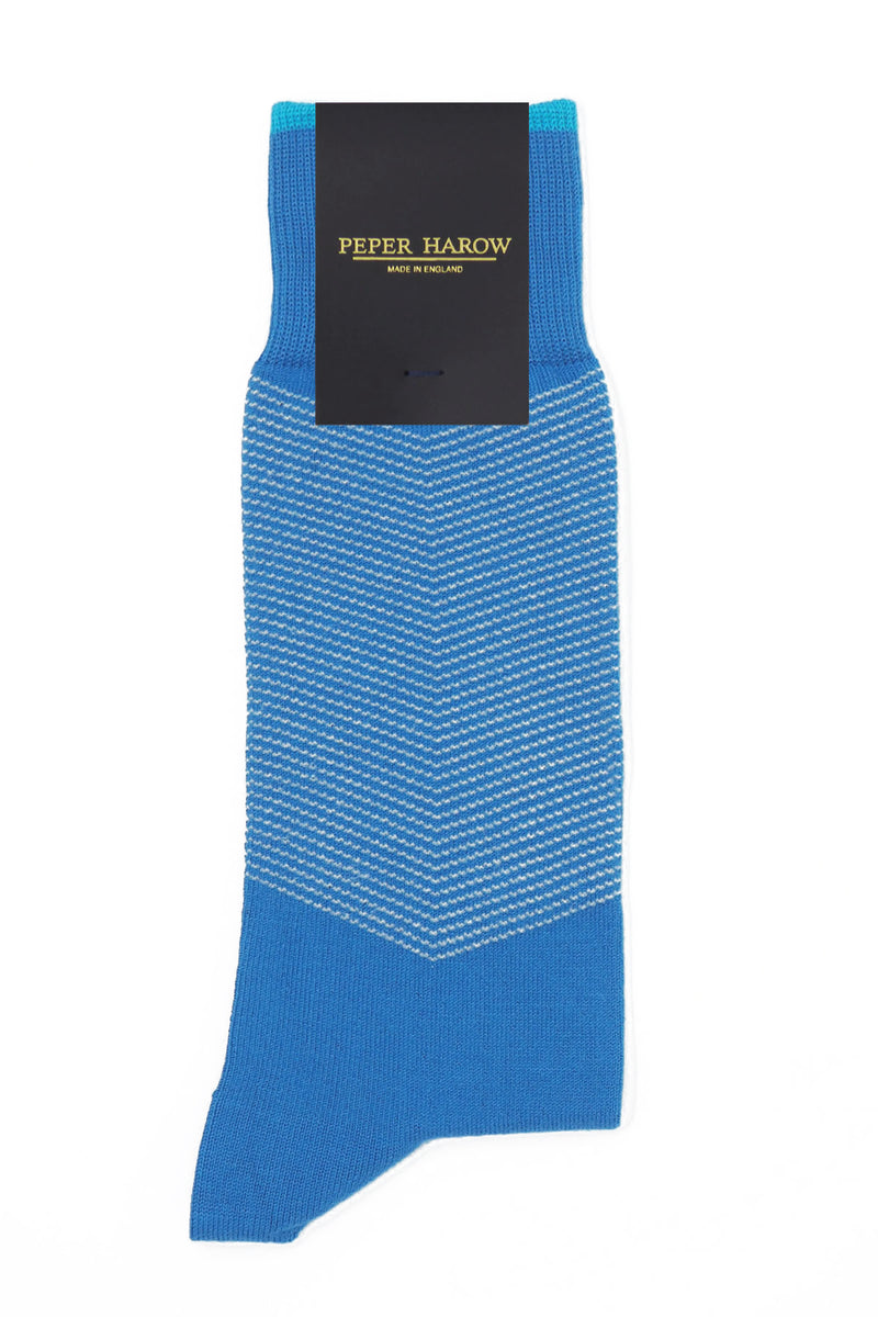 Sapphire blue Chevron men's luxury cotton socks by Peper Harow in packaging