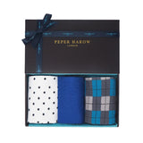 Chill Men's gift box by Peper Harow containing White Pin Polka, Cobalt Square Mile and Grey Checkmate Men's luxury socks