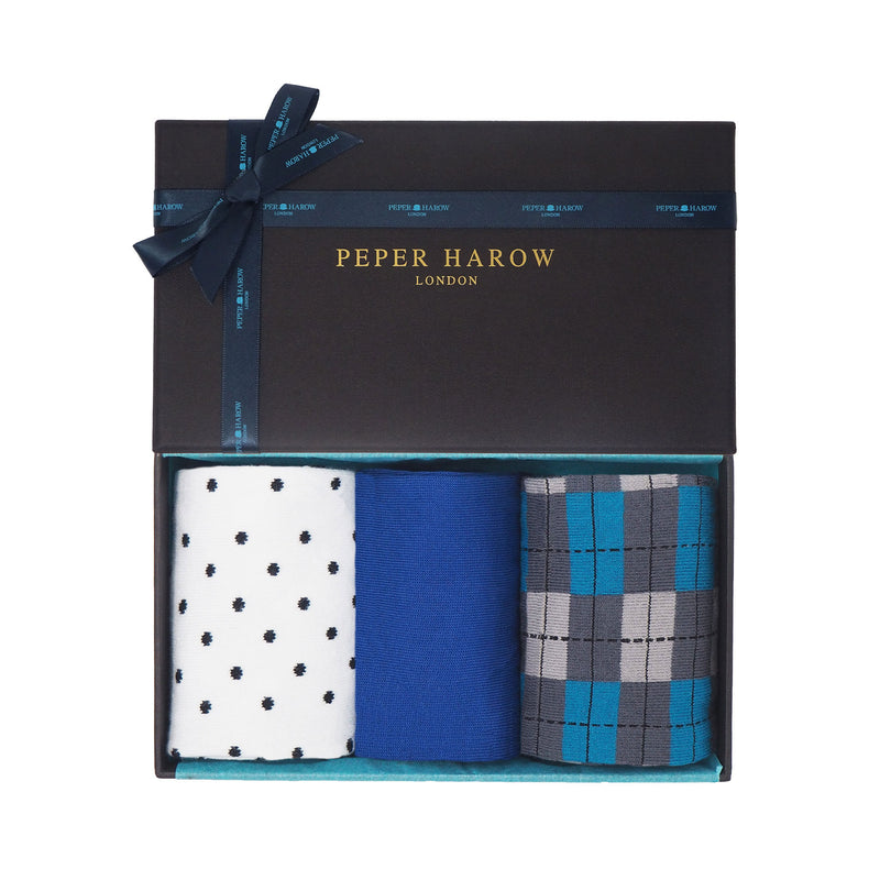 Chill Men's gift box by Peper Harow containing White Pin Polka, Cobalt Square Mile and Grey Checkmate Men's luxury socks
