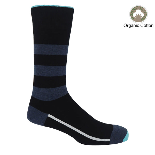 Black equilibrium men's socks by Peper Harow featuring a white line along the foot, a navy toe and heel and three navy stripes down the calf