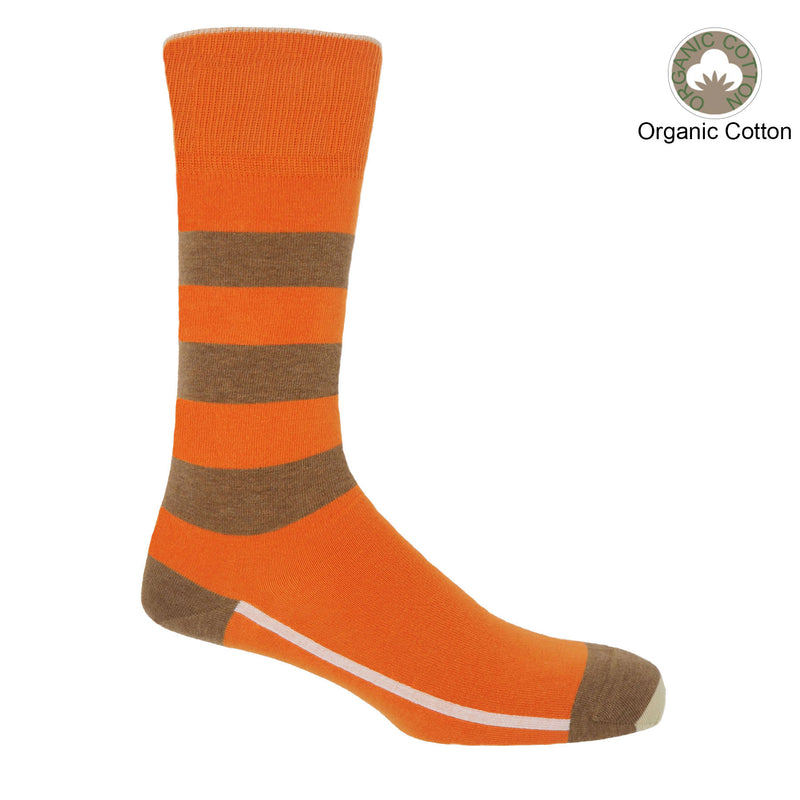 Orange equilibrium men's socks featuring a white line along the foot, a light brown toe and heel and three light brown stripes down the calf