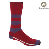 Red equilibrium men's socks featuring a white line along the foot, a purple toe and heel and three purple stripes down the calf
