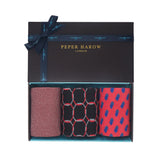 Fire Men's gift box by Peper Harow containing Chevron garnet, Linked black and Disruption scarlet men's luxury cotton socks