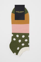 Top view of Peper Harow cream Mayfair trainer socks in packagaing