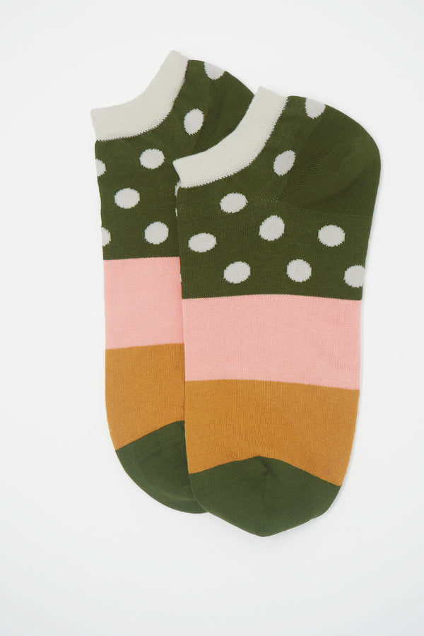 Peper Harow Cream Mayfair training socks with a khaki coloured ankle with cream polka dots, a pink, mustard and khaki band down the foot