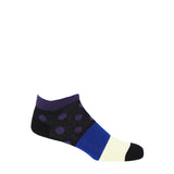 Peper harow mayfair Purple men's luxury trainer socks with a black ankle and purple polka dots with a black white and black band down the foot
