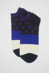 Peper harow mayfair Purple men's luxury trainer socks with a black ankle and purple polka dots with a black white and black band down the foot