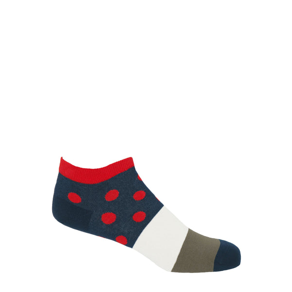 Peper Harow scarlet mayfair men's egyptian cotton trainer socks with a navy band around the ankle with red polka dots, with a white, grey and navy band down the foot