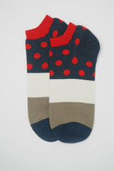 Peper Harow scarlet mayfair men's egyptian cotton trainer socks with a navy band around the ankle with red polka dots, with a white, grey and navy band down the foot