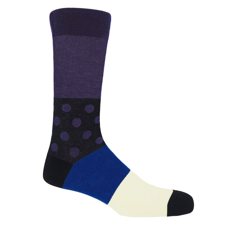Peper Harow Mayfair purple Men's Luxury socks with purple calf, black ankle, and blue and white stripes around the foot