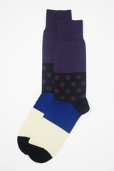 Peper Harow Mayfair purple Men's Luxury socks with purple calf, black ankle, and blue and white stripes around the foot