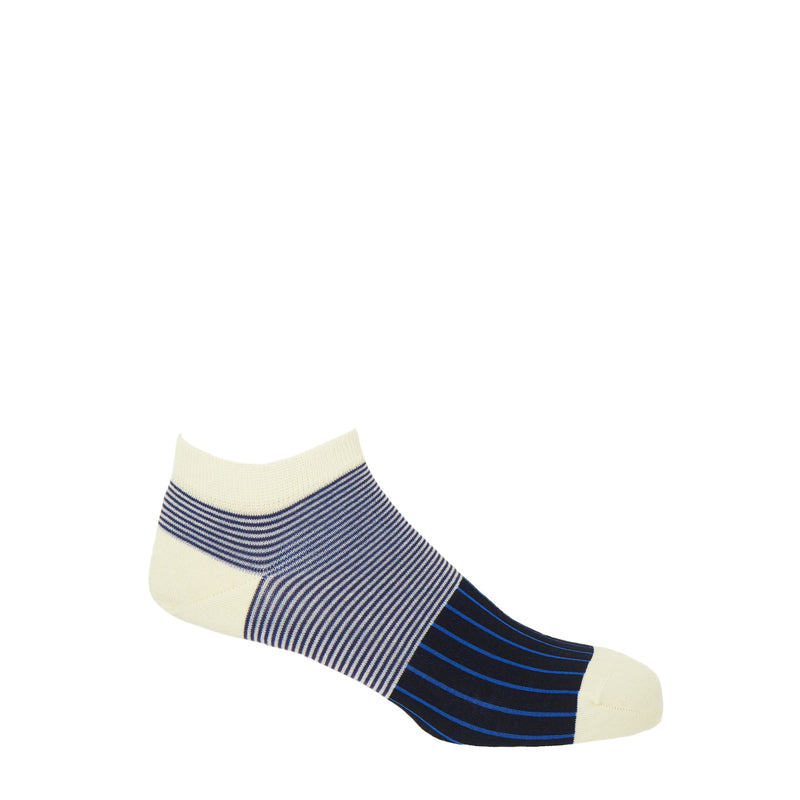 Peper harow men's black Oxford Stripe egyptian cotton trainer socks with a cream cuff, heel and toe, with blue vertical stripes down the foot and navy horizontal stripes around the ankle