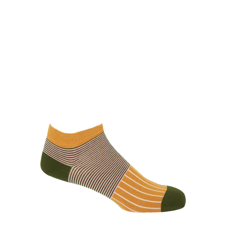 Peper Harow mustard oxford stripe egyptian cotton trainer socks with a green heel and toe and green and pink horizontal stripes around the ankle, with cream vertical stripes down the foot