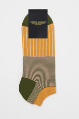 Peper Harow mustard Oxford Stripe egyptian cotton men's luxury trainer socks in packaging