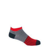 Peper Harow Scarlet oxford stripe egyptian cotton men's luxury trainer socks with navy heel, toe and horizontal stripes around the ankle contrasting with white stripes and blue vertical stripes down the foot