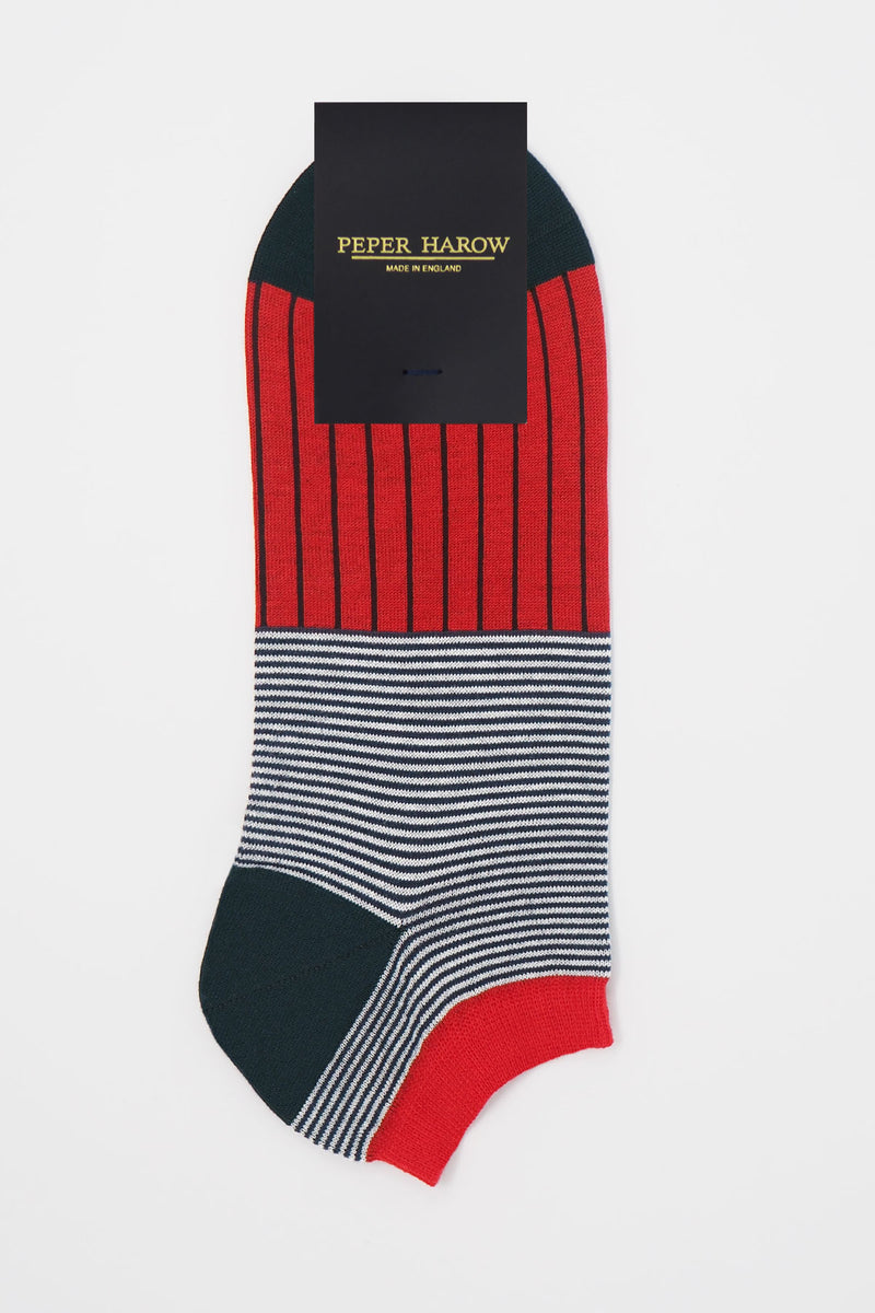Peper Harow scarlet oxford stripe egyptian cotton men's luxury trainer socks in packaging