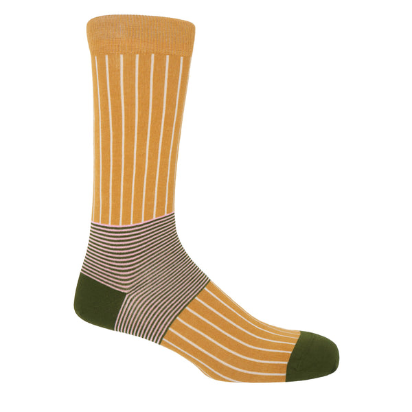 Peper Harow mustard Oxford Stripe luxury egyptian cotton socks for men, with a khaki heel and toe and cream vertical stripes
