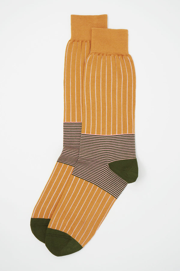 Peper Harow mustard Oxford Stripe luxury egyptian cotton socks for men, with a khaki heel and toe and cream vertical stripes