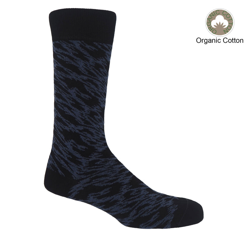 Pandemonium black men's luxury socks by Peper Harow, featuring a quirky navy pattern and navy toe and heel.