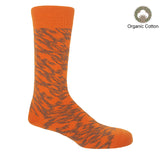 Pandemonium orange men's luxury socks by Peper Harow, featuring a quirky brown pattern and brown toe and heel.