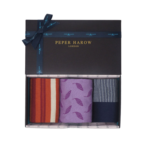 Peper Harow Passionate ladies gift box containing ginger Elizabeth, violet leaf and navy anne luxury women's socks