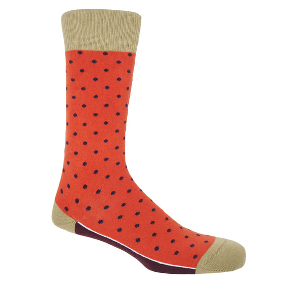 Orange pin polka men's socks with purple polka dots and a beige heel, toe and cuff