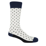 White pin polka men's socks with black polka dots and a navy heel, toe and cuff