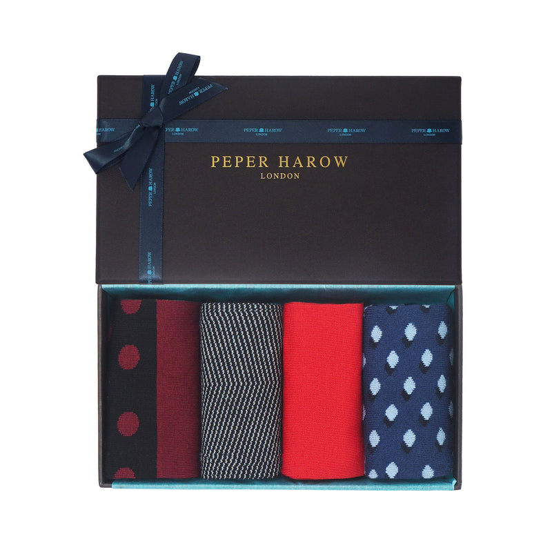 Peper Harow Sophisticated Men's gift box containing the burgundy mayfair, onyx chevron cinnabar red square mile and navy disruption supima and mercerised egyptian cotton socks