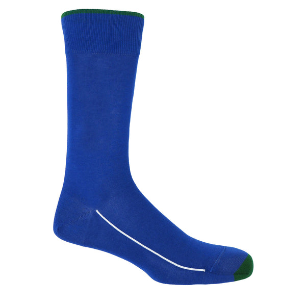 Cobalt blue square mile men's socks with a green toe and cuff line, and a white line down the side of the foot