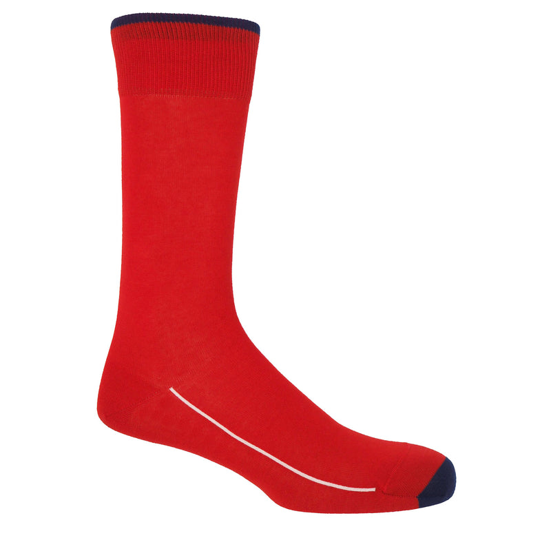 Cinnabar red square mile men's socks with a navy toe and cuff line, and a white line down the side of the foot