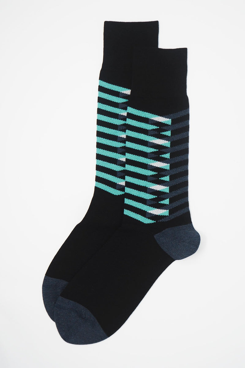 A pair of Symmetry black men's luxury socks by Peper Harow, featuring stylish aqua and navy blue stripes, and a navy heel and toe.