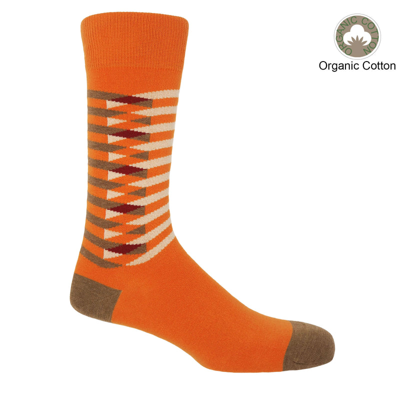 Symmetry orange men's luxury socks by Peper Harow, featuring stylish brown and white stripes, and a brown heel and toe.