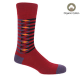 Symmetry red men's luxury socks by Peper Harow, featuring stylish purple and black stripes, and a purple heel and toe.
