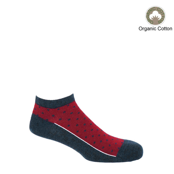Denim blue and red organic cotton Polka trainer socks by Peper Harow